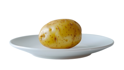 Single whole potato on a white plate, symbolizing simplicity and grounding in human psychology, isolated on white, transparent background