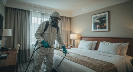 Obraz na płótnie Canvas Professional pest control worker in protective gear treating a hotel room for bed bugs infestation