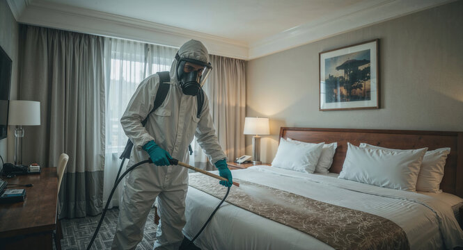 Professional pest control worker in protective gear treating a hotel room for bed bugs infestation