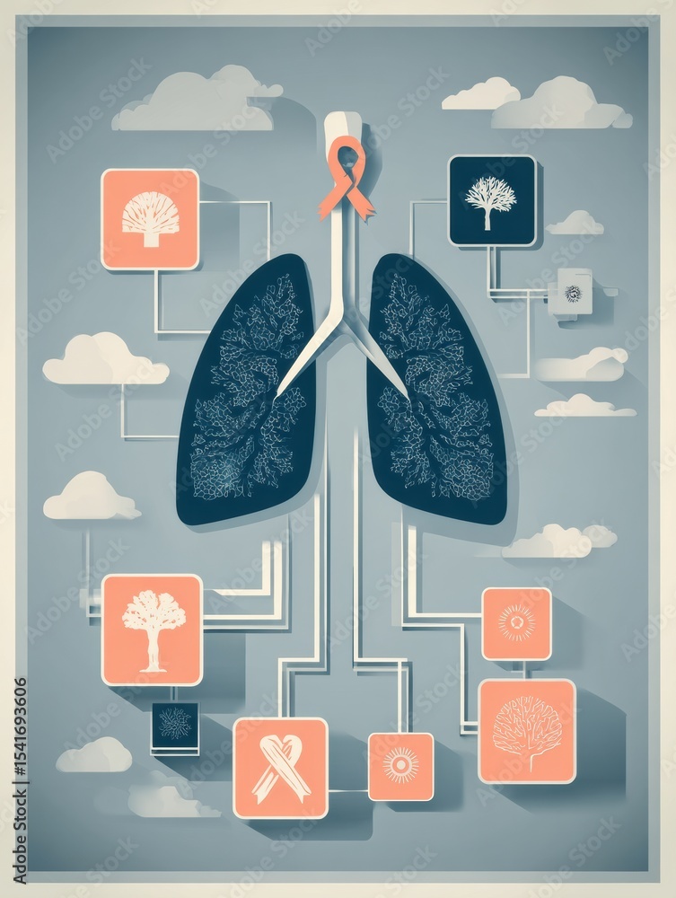 Aufkleber Understanding Lung Cancer Risk Factors Through a Neutral Design Layout With Key Illustrations and Informative Elements