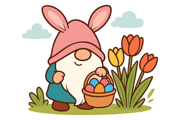 Cute easter gnome with bunny ears and easter eggs