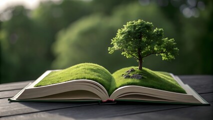 Open Book Revealing a Miniature Green Landscape with a Small Tree And Grass