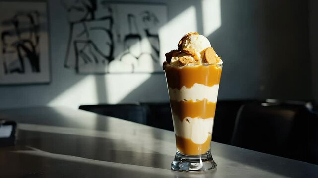 Creamy caramel parfait dessert in tall glass on counter  