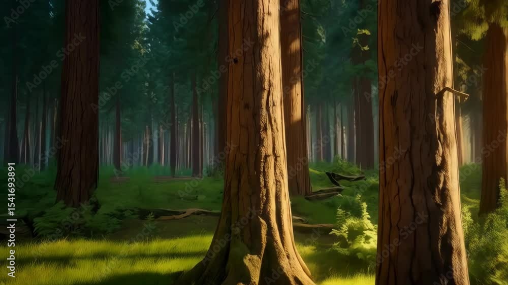 Aufkleber path winding through a lush evergreen forest with sunlight filtering through tall trees, creating a 