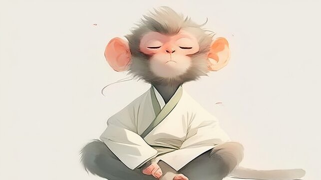 A serene monkey dressed in a white robe, sitting in a meditative pose with eyes closed.