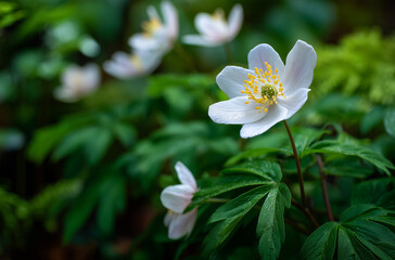Fototapeta premium Delicate White Anemone Flowers in Lush Green Garden, Spring Bloom with Dew Drops