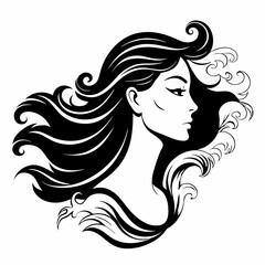  Woman’s hair transforming into ocean waves vector black silhouette on white background