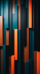 Fototapeta premium wooden abstract wall design blocks are arranged in a geometric pattern with alternating deep teal, matte black, and rich wood textures