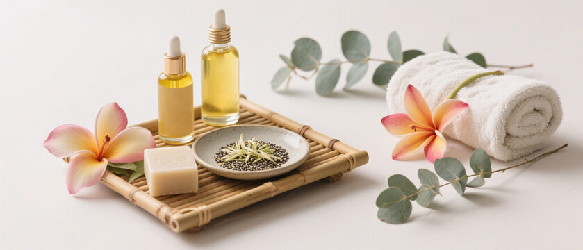 Organic self-care wellness spa scene with ayurvedic oil bottles, tropical flowers, natural soap, ceramic dish with chia or fennel seeds, bamboo tray, eucalyptus leaves, and spa towel in minimalist aes