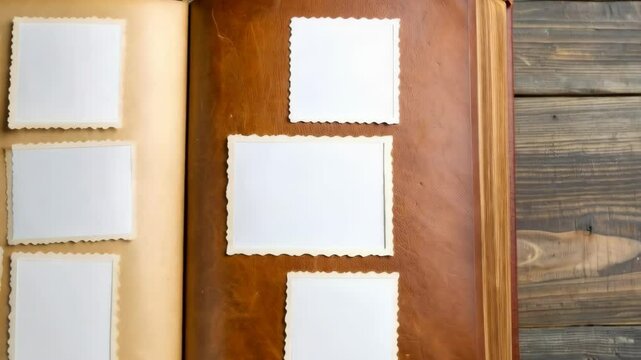 Opened photo album with blank picture frames on wooden table, family memories and vintage style concept