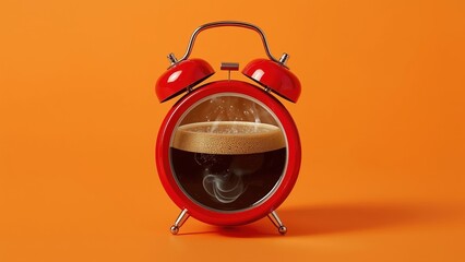 Red alarm clock with coffee inside as a creative concept on an orange background