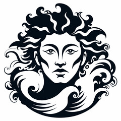 Face formed from ocean waves vector black silhouette on white background