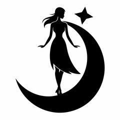 Woman standing on a crescent star vector black silhouette on white background