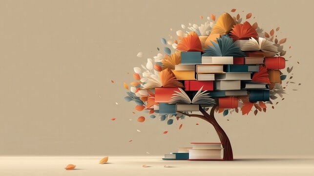 Visionary guided by wisdom, empowered by knowledge. A creative tree made of colorful books and pages, symbolizing knowledge, growth, and imagination in an artistic, minimalistic style.