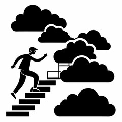 A man climbing stairs into the clouds vector black silhouette on white background