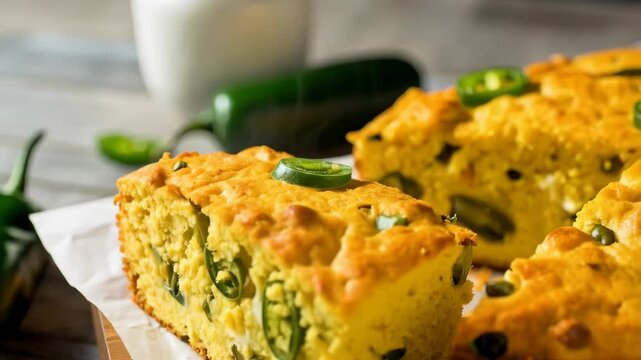 Golden cornbread cake infused with spicy green jalapeno slices on parchment over a wooden cutting board.