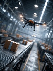 Futuristic Cargo Drone Over Warehouse