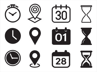 Time, Location, and Calendar Icons Set. Clocks, pin markers, dates, stopwatch, and hourglass symbols in solid and outline styles. Vector scheduling icons.