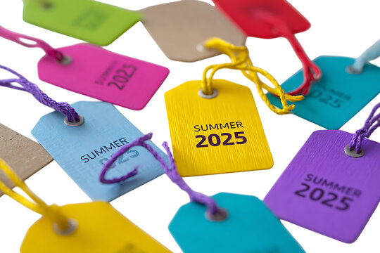Colorful summer 2025 tags isolated on transparent background