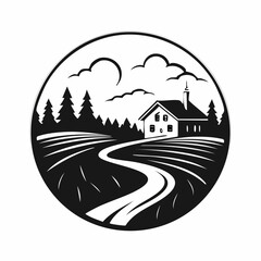 Serene countryside scene with a winding road and rustic farmhouse silhouette vector