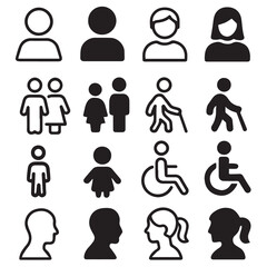 Person Icons Set. Male and female user avatars, child and adult symbols, walking and wheelchair accessibility. Solid and outline human figure icons.