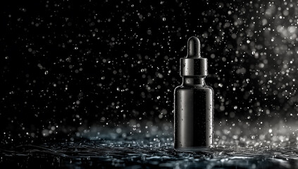 Essential oil dropper bottle on wet surface with rain and backlight, premium moody product scene