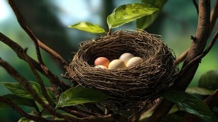 Colorful eggs in a nest, nestled in a tree branch in a forest