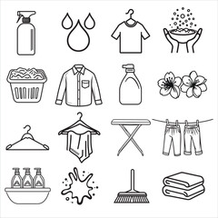 Laundry Icons Set. Detergent, washing machine, ironing, clothes drying, and cleaning tools. Outline vector icons collection for cleaning and laundry services.