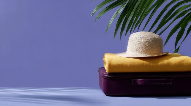 A stylish travel setup featuring a purple suitcase, a vibrant yellow towel, and a classic straw hat. Great for vacation planning or summer adventures. Ideal for travel blogs and lifestyle content. AI