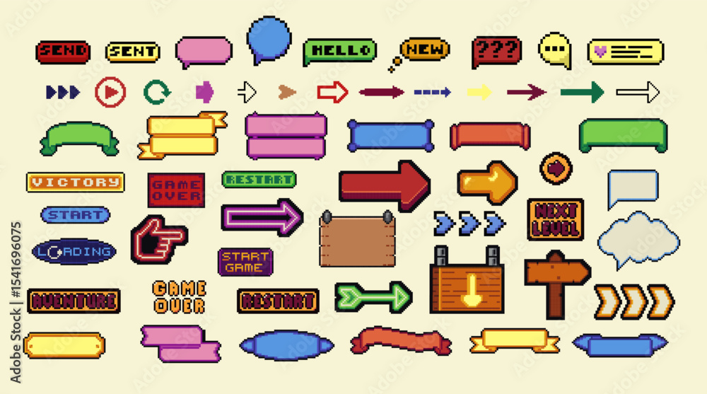 Poster pixel art frames. retro 8 bit buttons, arrows, speech bubble messages and quote frame. game ui vecto