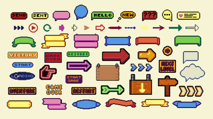 Pixel art frames. Retro 8 bit buttons, arrows, speech bubble messages and quote frame. Game UI vector template set of pixel game frame, 8 bit message illustration