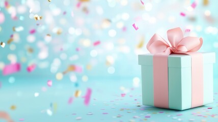 Pastel gift box adorned with pink bow resting amid colorful confetti, evoking joyful celebration on soft blue surface