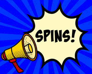 Spins announcement speech bubble. Megaphone, speech burst, comic style, bright background, communication element, expression tool, voice projection, information sharing, pop art design.