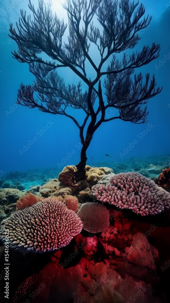 Poster underwater tree silhouette with coral and ocean backdrop, sunlight filtering through the surface cre