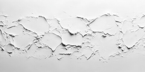 Obraz premium Weathered white plaster wall displaying extensive cracking, paint peeling, revealing textured distressed surface with structural deterioration