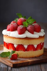 A cake with strawberries and whipped cream on top. The cake is on a wooden board. The strawberries are fresh and look delicious
