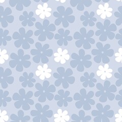 Retro Simple Floral Seamless Pattern. Repeat pattern of simple flat daisy flowers with soft blue background. 