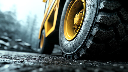 Close-up of an industrial vehicle tire on a muddy surface, showcasing intricate patterns and textures for industrial use.