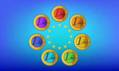 Vector set of colored rainbow iridescent coins of European Union, denomination of 1 euro. Money of Europe. Collection. Hobbies and numismatics. Design elements. One