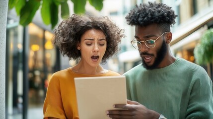 Young diverse couple showing revealing reading surprising news on tablet, urban background shock, unexpected information