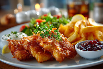 Porcja złocistej ryby z frytkami, świeżą sałatą i dwoma sosami, podana na białym talerzu. Klasyczne danie typu fish and chips.