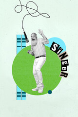 Creative surreal collage of person stand sing with mic singer on grey background