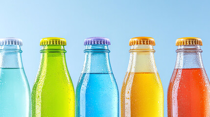 Colorful beverage bottles in vibrant shades lined up against a clear sky, showcasing refreshing drinks for all occasions.