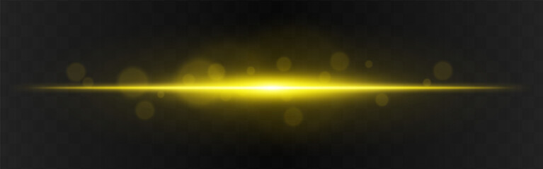 Light burst. Golden horizontal glow with radial flare and soft particles on dark transparent background, suitable for tech or sci-fi visuals.