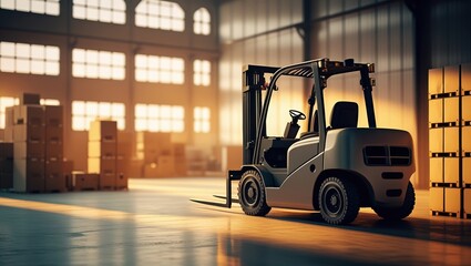 Forklift in a warehouse with stacked cardboard boxes and sunlight streaming through large windows
