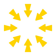 Directional arrow icon. Yellow bold black arrows pointing inward from all sides. Represents focus, convergence, navigation, or centralization concept.