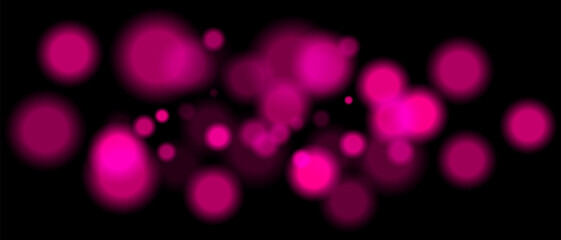 Purple blurred bokeh particles with varying size and opacity on black background. Abstract design element for festive or sci-fi scenes.