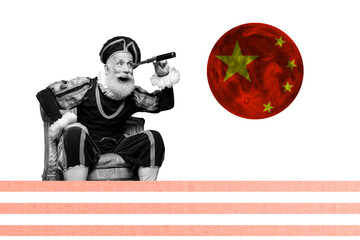 Sketch template design photo collage composite of historical style aristocratic aged man sit armchair spy lens mood chinese flag trade war