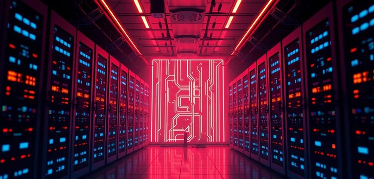 Isometric illustration of a dark server room with glowing neon data streams,   hardware,   light