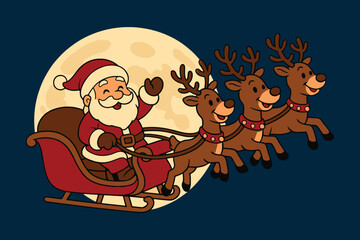Santa claus in sleigh with reindeer flying through night sky